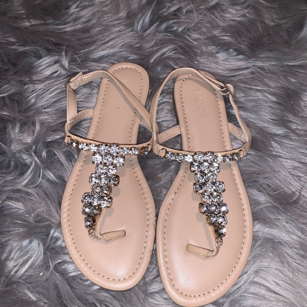 Victor Alfaro cream thong sandals with rhinestones